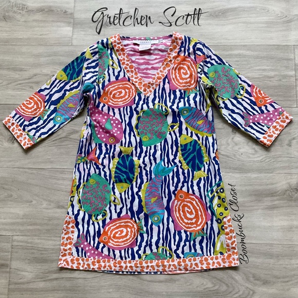 Gretchen Scott Spring Summer Colorful Fish Print Tunic Dress Size 10 / 12 - Picture 2 of 11